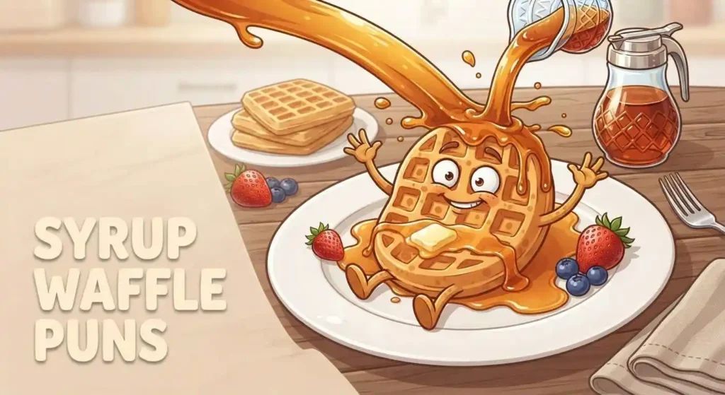 Funny waffle covered with maple syrup